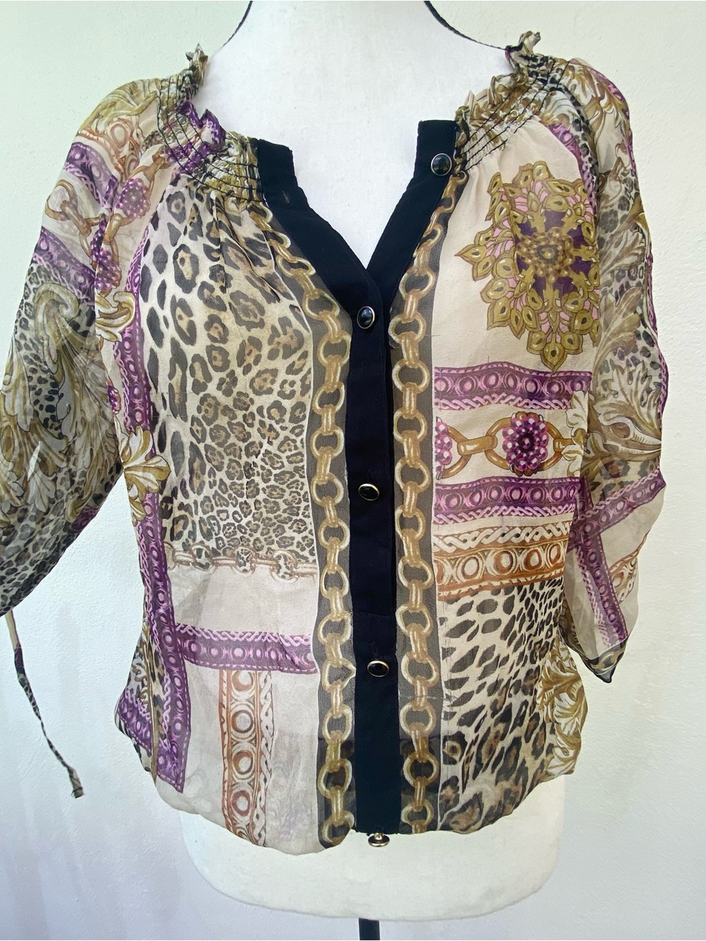 Y2K Caché 100% Silk Tan Leopard & Purple Baroque Print Blouse Size XS